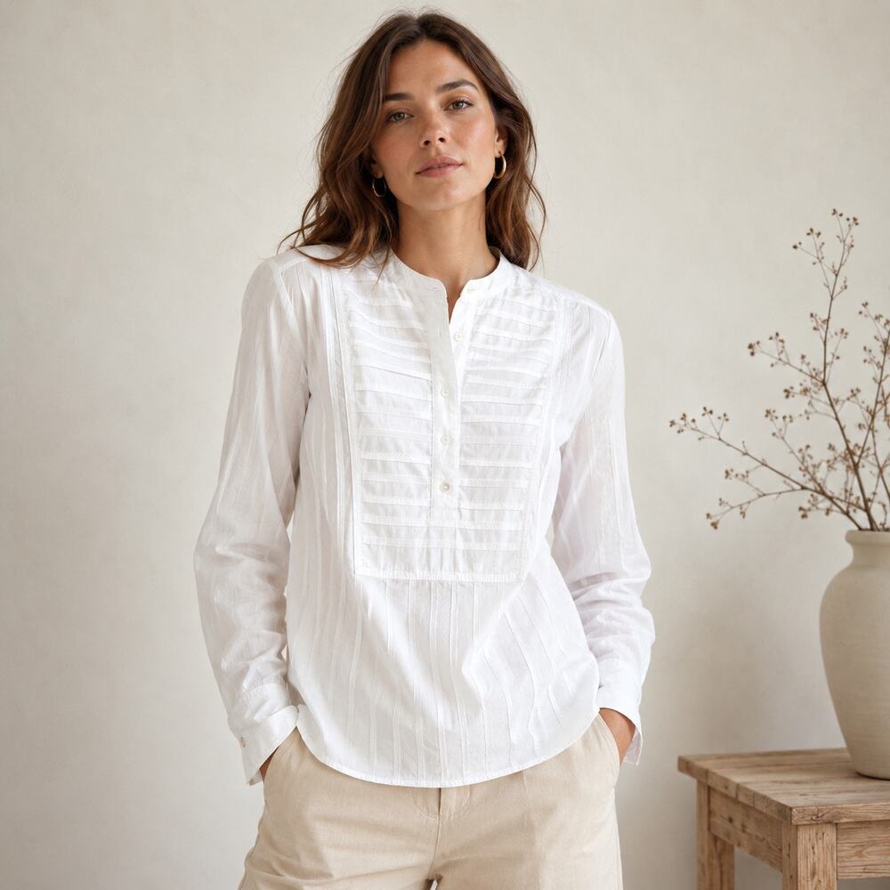 Longchamp Women's L White Cotton Pleated Popover Blouse Long Sleeve Quiet Luxury
